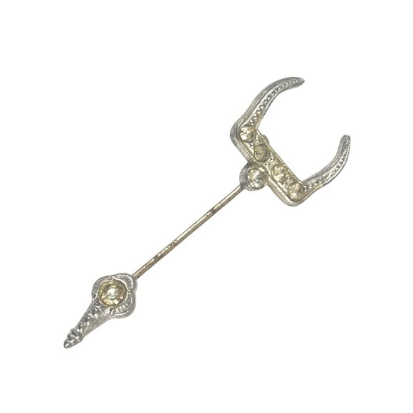 Antique Silver Tone Stick Pin With Rhinestone Accents & Unique Horned Design - Picture 1 of 6